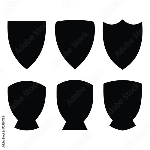 Collection of six silhouette shield shapes symbolizing protection security and heraldry icons silhouette