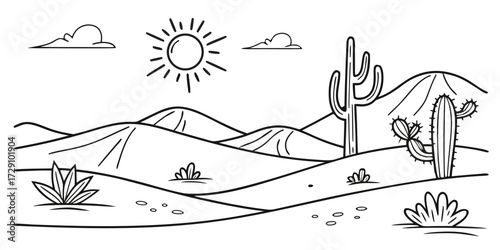 Vibrant desert landscape with sun, cacti, and rolling hills captures the essence of arid beauty and adventure