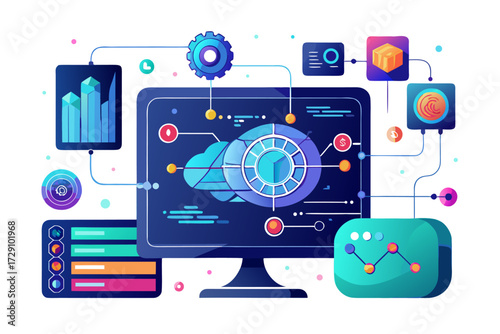 
Modern digital workspace showing artificial intelligence technology with holographic data analytics and virtual dashboards. A professional working on a laptop surrounded by futuristic AI visualizatio