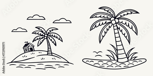 Dreamy tropical island escape with palm trees and a cozy hut, perfect for vacation or getaway concepts