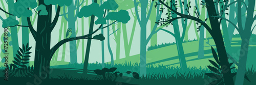 stylized forest vector with owl perched and squirrel among tall trees and rolling hills