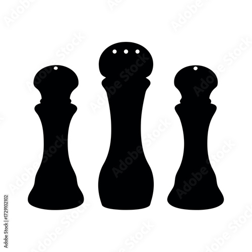 Three black silhouettes of salt and pepper shakers on a white background