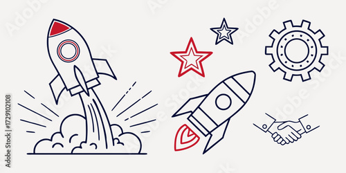 Dynamic rockets launching into action symbolize business growth, innovation, and successful partnerships with gears and stars representing achievement and progress.