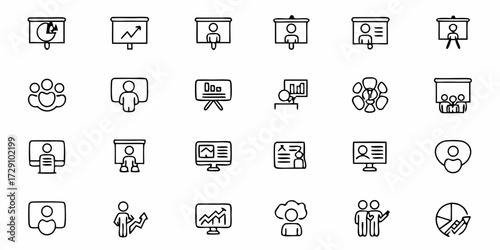 Diverse business presentation icons showcasing growth strategy meetings and team collaboration for modern corporate success