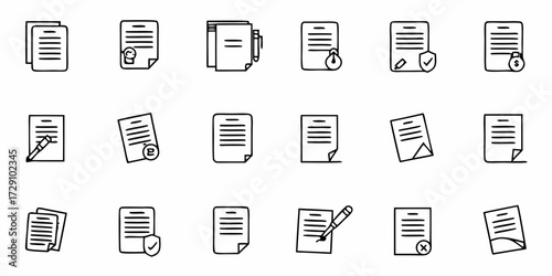 Professional business document icons featuring contracts approvals signatures and financial transactions in a clean hand drawn style for modern design