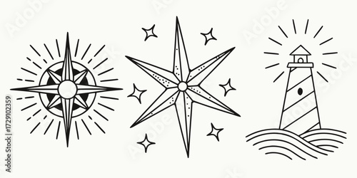 Discover your direction with a guiding lighthouse, compass, and celestial stars, symbolizing hope and adventure.