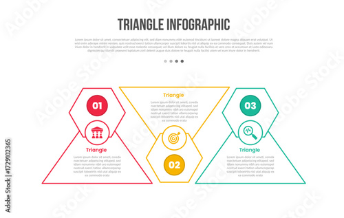 triangle base shape infographics template diagram with upside down with hexagon on edge top with 3 point step creative simple flat outline
