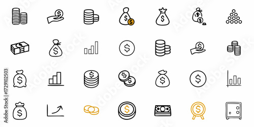 Dynamic collection of finance icons capturing wealth growth, investment opportunities, and secure savings for modern business presentations and financial planning