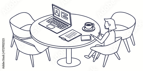 Focused individual working remotely with laptop and notes at a modern meeting table, ideal for business, education, or freelance concepts.