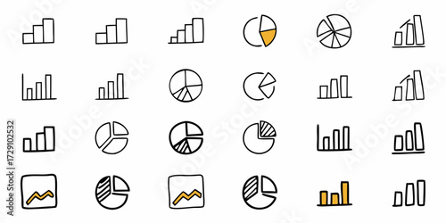 Dynamic collection of hand drawn bar and pie chart icons representing data analysis growth and financial success for business presentations
