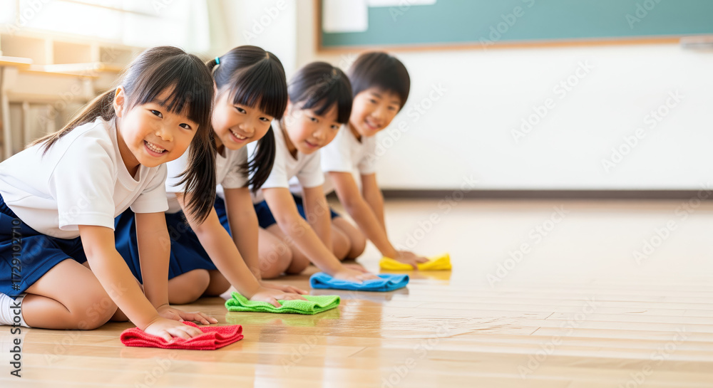 Fototapeta premium 雑巾がけ（小学校で掃除をする子ども）