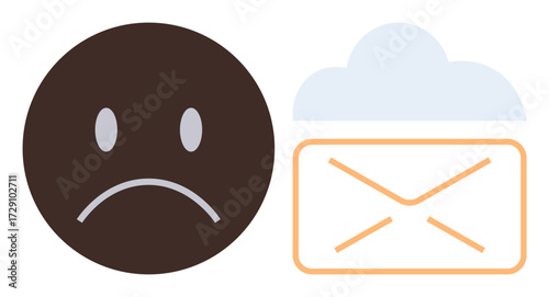 Frowning face next to email inside a cloud, representing communication errors, delivery failure, or tech issues. Ideal for messaging, technology, problem-solving, communication breakdown, customer
