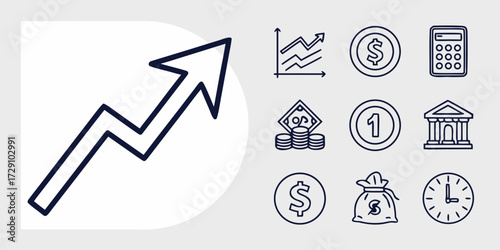 Dynamic financial growth chart, coins, calculator, bank, money bag, and clock icons symbolizing business success and economic progress
