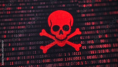 Digital skull warning on binary code background