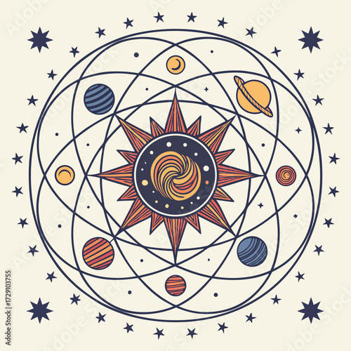 Intricate cosmic mandala design featuring celestial bodies stars and constellations in vibrant colors