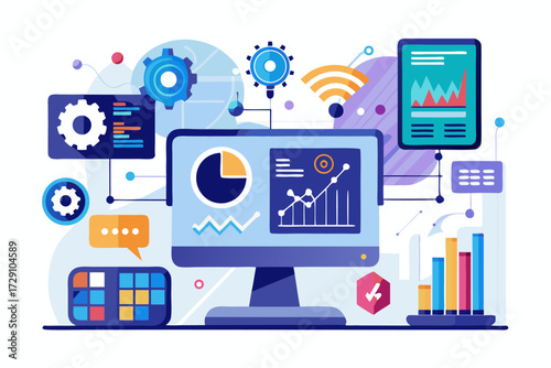
Modern digital workspace showing artificial intelligence technology with holographic data analytics and virtual dashboards. A professional working on a laptop surrounded by futuristic AI visualizatio