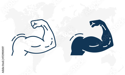 Vector art of two stylized icons of a flexed bicep muscle, one outlined and one solid