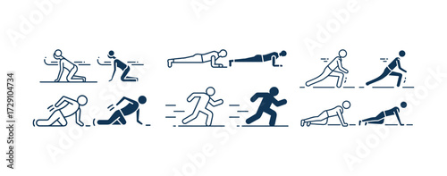 Vector art of set of human silhouette icons showing various sports and fitness movements