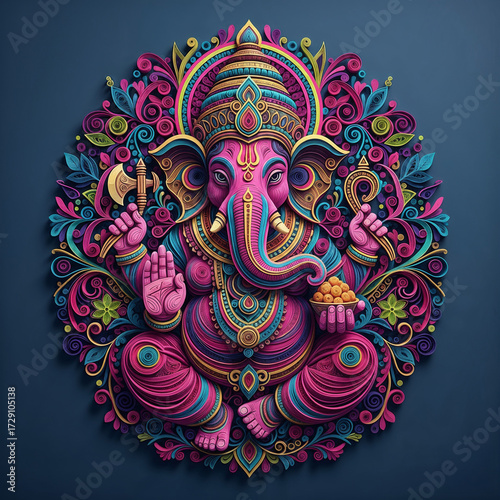 Vibrant Pink Ganesha Idol in a Detailed Paper Cut Design on a Dark Blue Background