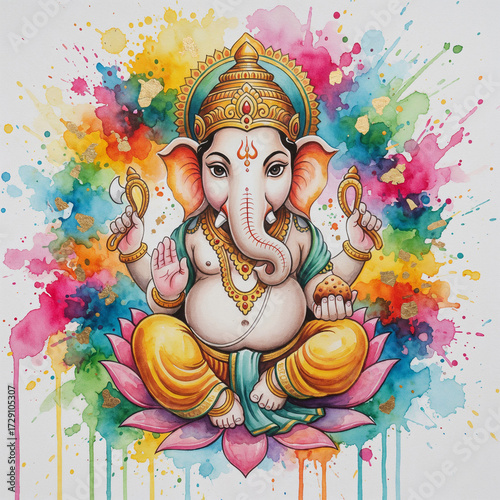Lord Ganesha Watercolor Painting with Bright Rainbow Color Splashes
