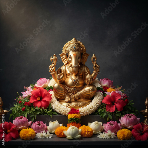 Golden Ganesha Idol Seated on an Altar with Vibrant Flowers and Garland against a Dark Background