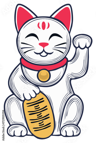 Cartoon illustration of a lucky cat, maneki neko, holding a koban coin for good fortune