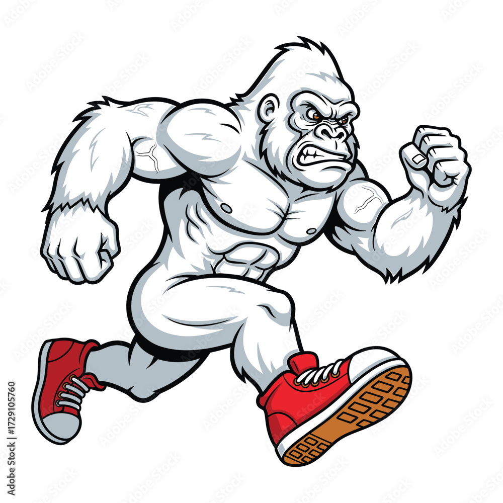 Fototapeta premium Muscular white gorilla running fast in red sneakers