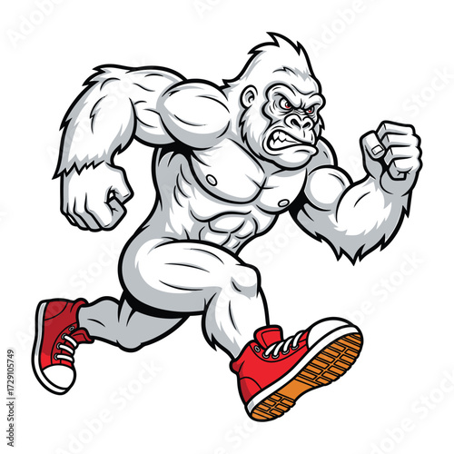 Muscular white gorilla running fast in red sneakers