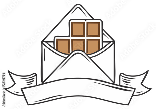 Chocolate Bar Inside Open Envelope with Blank Ribbon Banner and Copy Space
