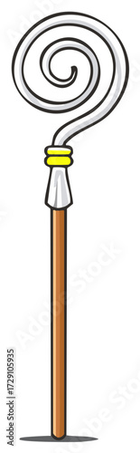 Cartoon shepherd's crook or ceremonial staff with a spiral top element isolated
