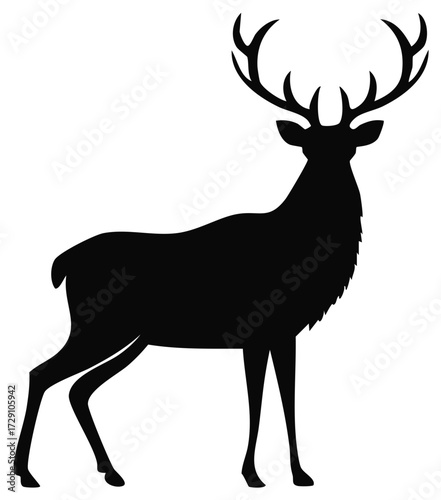Elegant Stag Silhouette Majestic Antlers Forest Wildlife Icon Nature Outdoors Graphic Arts Animal Emblem Black And White Vector Illustration