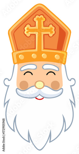 Cartoon face of Saint Nicholas wearing a mitre and beard with closed eyes and a smile