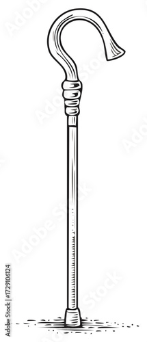 Traditional curved shepherd's crook walking stick vintage style black and white illustration