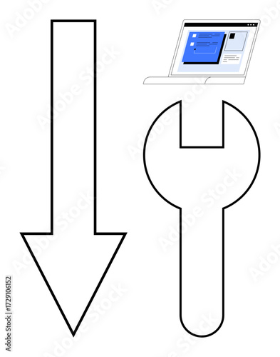 Downward arrow, wrench, and laptop screen with settings indicate problem-solving, repair, and optimization. Ideal for tech support, troubleshooting, maintenance, instructions process improvement