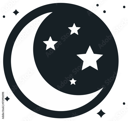 Crescent Moon and Stars in a Night Sky Vector Illustration, Dreamy Lunar Graphics