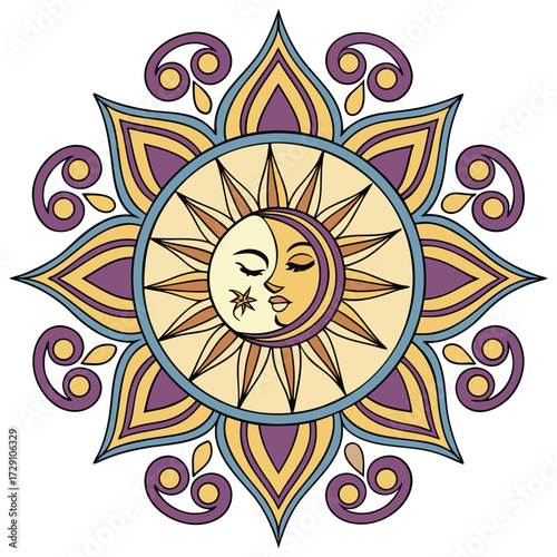 Intricate mandala design with ornamental sun and moon elements