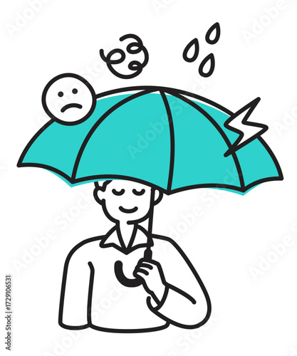 Calm man protected from negativity with umbrella