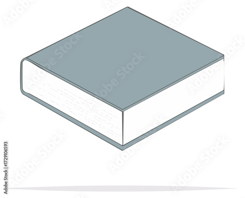 Minimalist illustration of a closed hardback book in a cool grey with white pages