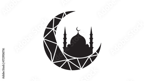 Elegant Islamic design featuring a mosque silhouette framed by a geometric crescent moon, perfect for Ramadan, Eid, and cultural celebrations, conveying peace and spirituality