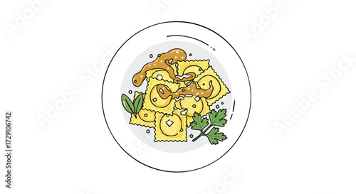Delicious Homemade Ravioli Pasta with Sauce and Herbs Vector Illustration