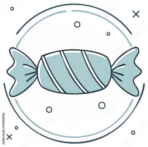 Single blue wrapped candy with white stripes in a decorative circle with small dots