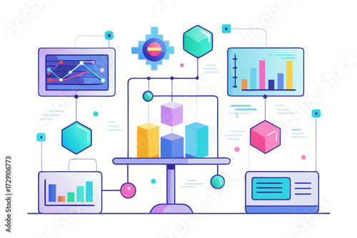 
Modern digital workspace showing artificial intelligence technology with holographic data analytics and virtual dashboards. A professional working on a laptop surrounded by futuristic AI visualizatio