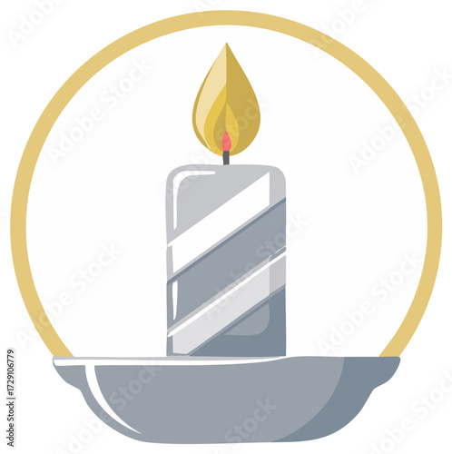 Single lit candle in a candle holder with a golden circular halo above it