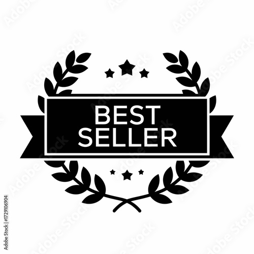 Best seller laurel wreath and ribbon vector graphic for recognition and achievement silhouette white background