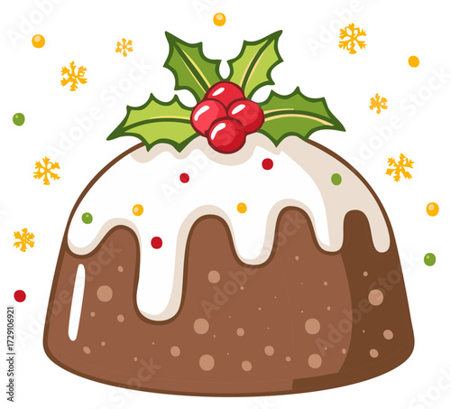 Festive Christmas pudding topped with holly berries and icing with snowflakes
