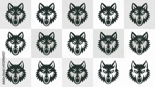 Vector illustration grid of ferocious wolf heads scalable design for digital and print applications silhouette white background