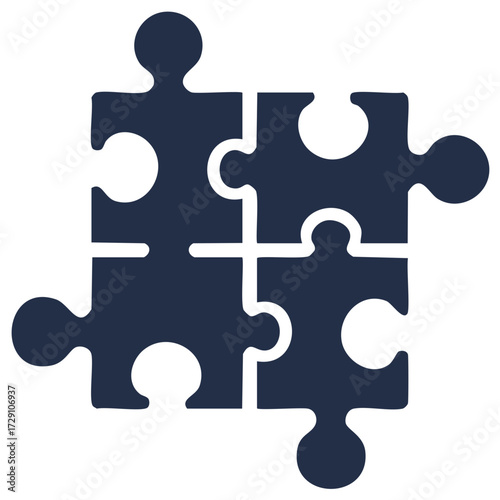 Four dark blue interconnected puzzle pieces forming a complete square shape representing solution unity teamwork concept