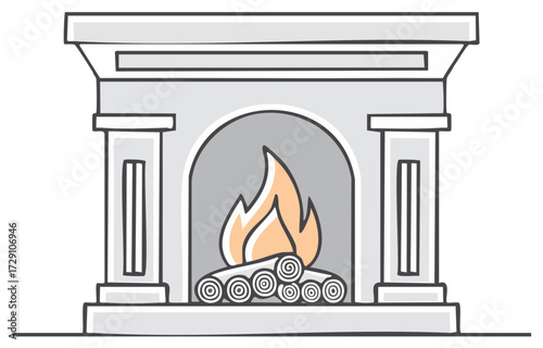 Cozy Fireplace with Burning Logs, Warm Flame Illustration, Home Heating Concept