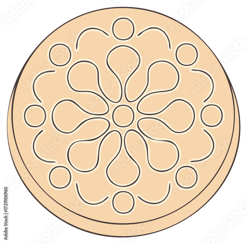 Round Mandala, Floral Shape with Circles and Curved Lines, Beige and Black Art Deco Design
