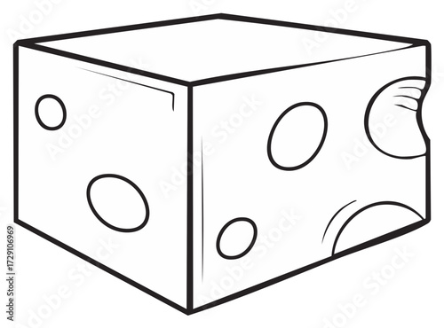 Black and white vector drawing of Swiss cheese block, food concept.